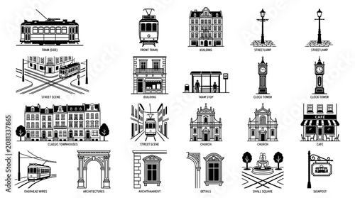 Vintage City Elements Collection: Trams, Buildings, Landmarks, Architecture, Street Scenes