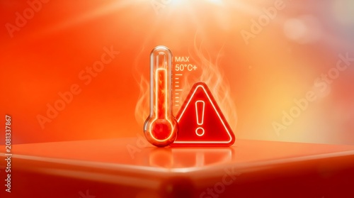Extreme heatwave warning symbol with glowing thermometer and caution sign representing dangerous global temperature rise