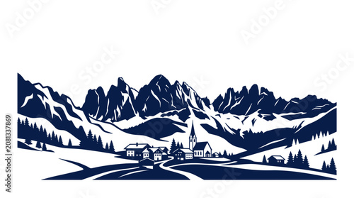 Alpine Village Silhouette with Mountain Range Background
