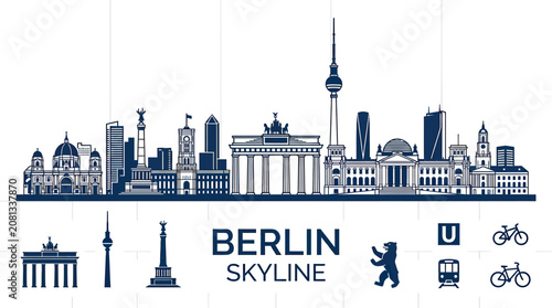 Berlin Skyline Silhouette, Famous Landmarks, Brandenburg Gate, TV Tower, Cityscape
