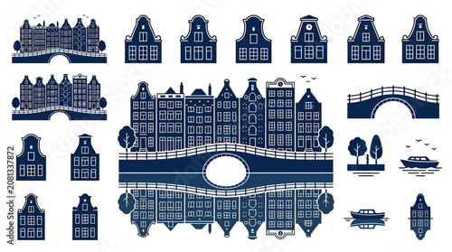 Amsterdam Canal Houses Silhouette Vector Set