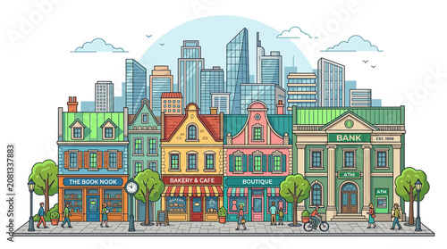 Charming European Street Scene with Diverse Shops and Modern Cityscape Background