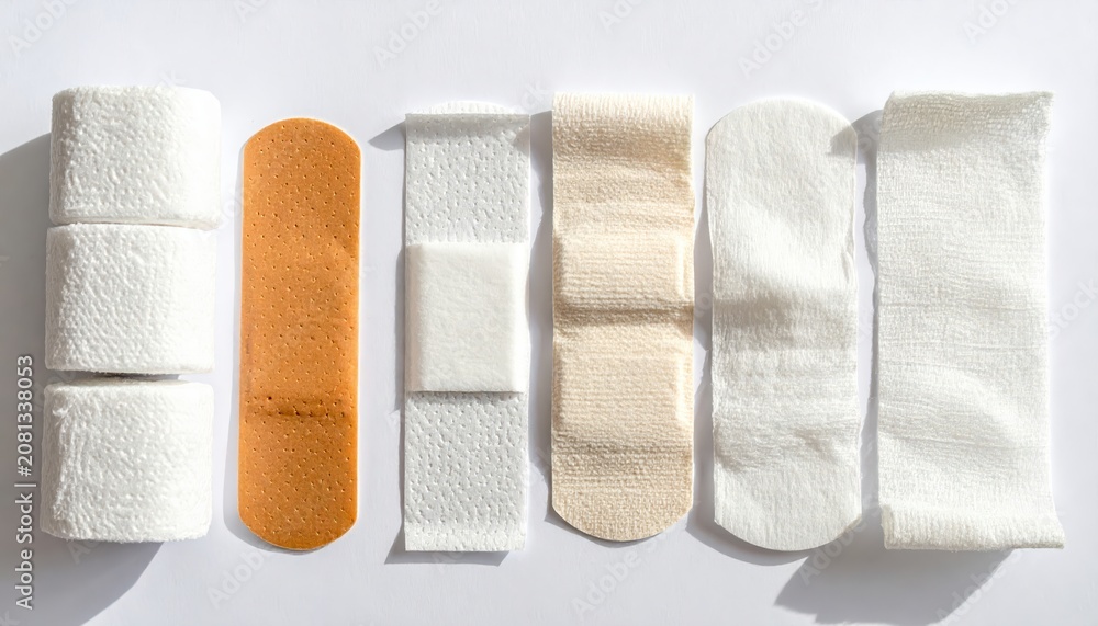 Obraz premium Various Medical Bandages and Gauze Dressings in Natural Daylight