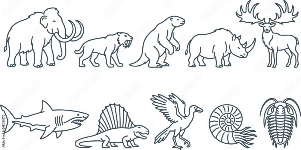Fototapeta premium Prehistoric Animal Line Art Collection Featuring Mammoth Saber Tooth Tiger Rhinoceros Moose Shark Dimetrodon Trilobite and Ammonite Outline Illustrations