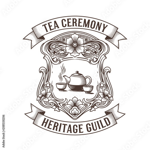 Obraz na plátně Vintage tea ceremony guild logo with teapot and floral details.