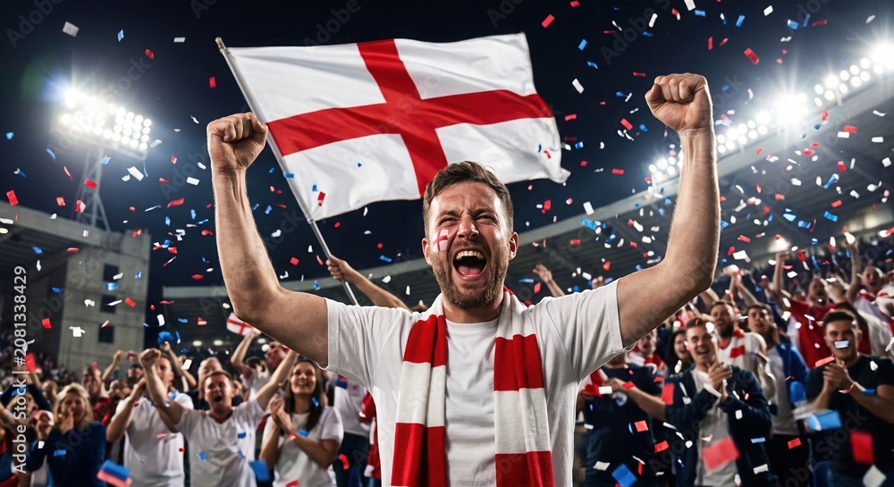 Obraz premium Passionate England football supporter celebrating victory with the national flag in a crowded stadium. Energetic soccer fan portrait capturing excitement, confetti and unforgettable championship atmos