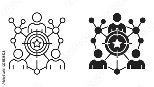 Professional networking and strategic goal targeting icons with networking