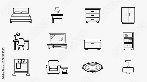 Dynamic Minimalist Black and White Line Icons Set of Modern Furniture and Home Essentials with high quality professional line art symbols for modern creative design and digital branding projects