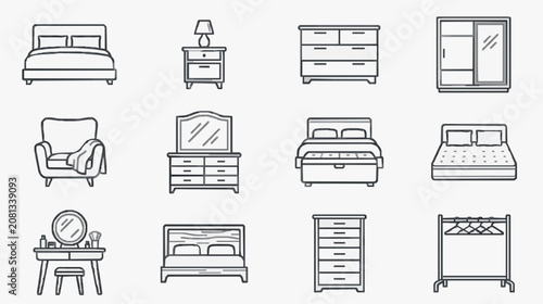 Corporate Minimalist Line Icons Set of Bedroom Furniture and Decor in Monochrome Style with high quality professional line art symbols for modern creative design and digital branding projects