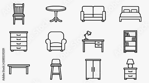 Sleek Minimalist Black and White Line Drawing Icons of Modern Furniture Collection for Home Decor and Interior Design