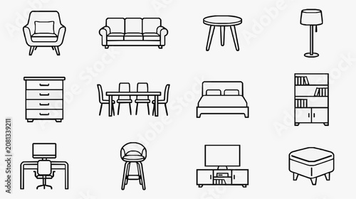Corporate Minimalist Line Drawing Icons Set of Modern Furniture and Office Essentials in Black and White