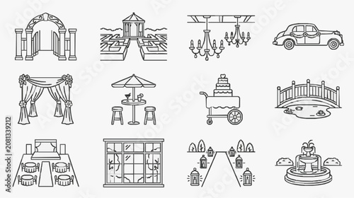Corporate Wedding and Event Icons Collection Black and White Line Art Illustrations of Wedding Arches Cars Chairs Cakes and More
