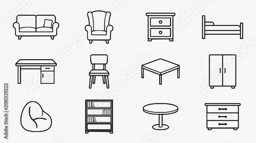 Industrial Style Black and White Line Drawing Set of Common Furniture and Pet Icons with high quality professional line art symbols for modern creative design and digital branding projects