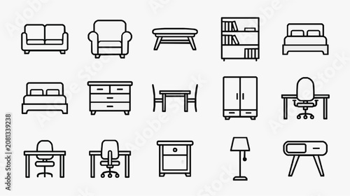 Industrial Minimalist Line Drawing Icons Set of Various Furniture and Home Decor Items in Black and White