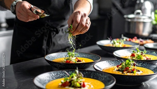 Chef delicately garnishes multiple bowls of soup with microgreens in a professional kitchen setting