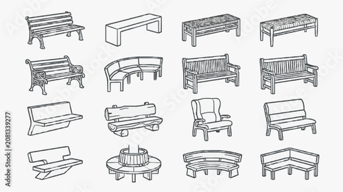 Professional Black and White Line Drawing Collection of Various Park Benches Seating and Tables for Urban Planning Design or