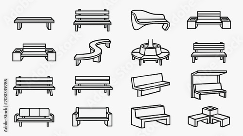 Corporate Collection of Modern Minimalist Black and White Line Drawn Park Benches and Seating Furniture Designs