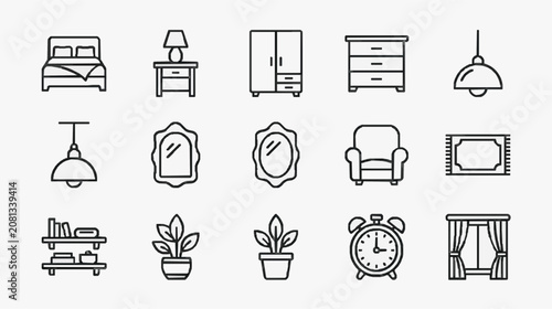 Creative Minimalist Black and White Line Icons Set of Bedroom and Living Room Essentials with high quality professional line art symbols for modern creative design and digital branding projects