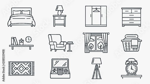 Clean Minimalist Black and White Line Icons Set of Home and Office Furniture and Items with high quality professional line art symbols for modern creative design and digital branding projects