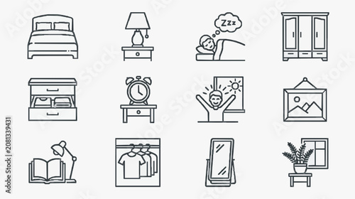 Clean Minimalist Black and White Line Drawing Icons of Bedroom Essentials and Daily Routine Activities