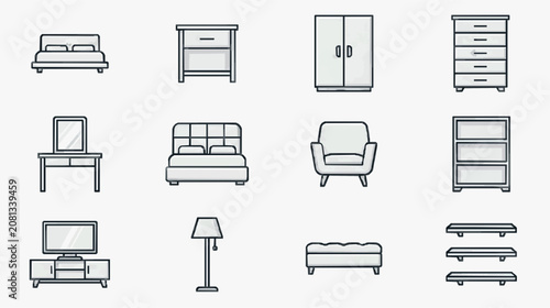 Industrial Style Minimalist Line Drawing Set of Essential Furniture and Home Decor Items in Monochrome