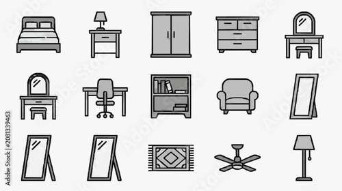 Modern Minimalist Line Drawing Icons of Bedroom and Living Room Furniture and Accessories in Monochrome