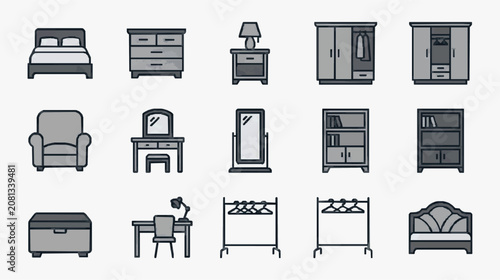 Clean Minimalist Black and White Line Drawing Icons of Various Bedroom and Living Room Furniture Pieces