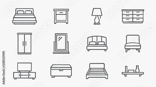 Modern Minimalist Black and White Line Icons Set of Bedroom Furniture and Decor Items with high quality professional line art symbols for modern creative design and digital branding projects