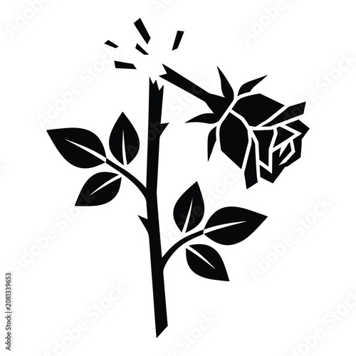 Black silhouette of a rose with thorns and leaves exploding in midair icon