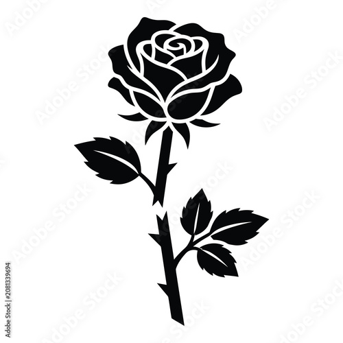 Black silhouette of a single rose flower with leaves and stem icon