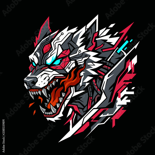 Cybernetic wolf head illustration with glowing eyes and sharp teeth