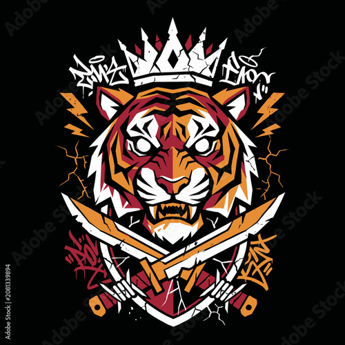 Fierce tiger head with a crown and crossed swords illustration