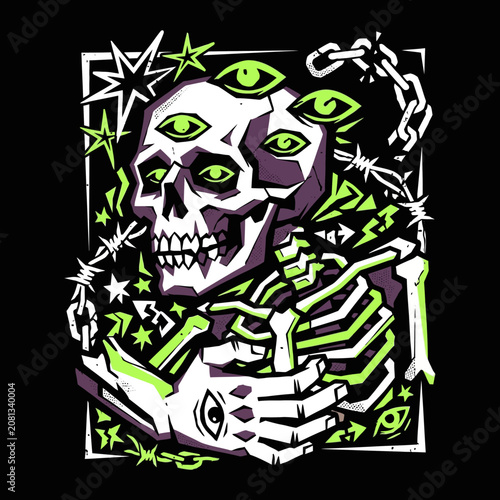 Intense graphic illustration of a skeleton with many eyes and chains