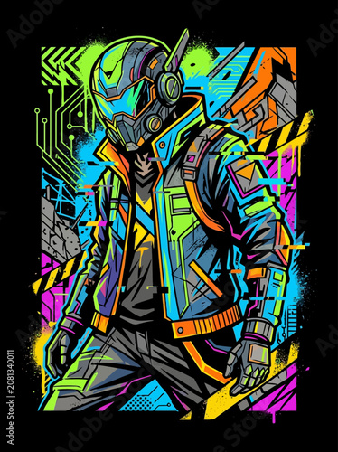 Neon urban warrior in a futuristic helmet and vibrant jacket