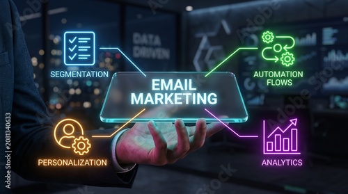 Email marketing automation strategy hologram with digital data icons