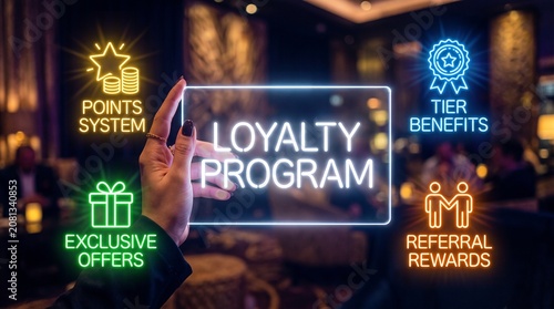 Customer loyalty program concept with digital neon icons and rewards system
