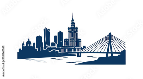 Warsaw Cityscape Silhouette: Palace of Culture, Bridge, and Skyline