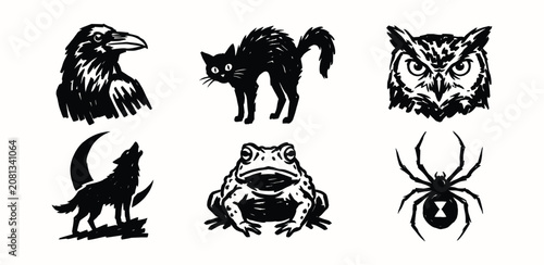 Photos Mystical animal icons set in linocut style for halloween and occult designs