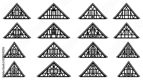 Fotografie Set of German Half-Timbered Gable Facades, Traditional Architecture Styles