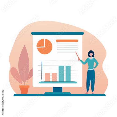 Woman presenting data on a screen with charts