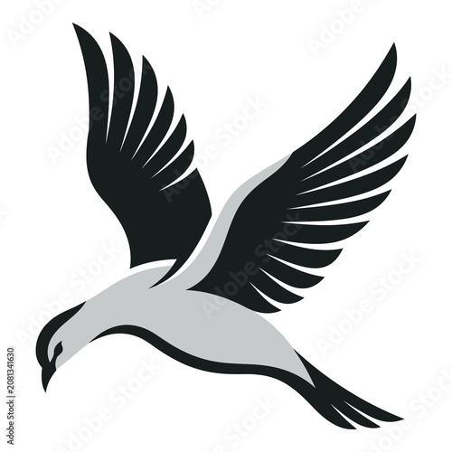 Seagull flying with outstretched wings in gray and black silhouette one animal icon