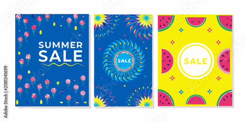 Foto summer sale posters with floral watermelon patterns blue yellow flowers slices s