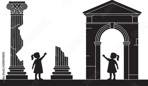 Cuadro en lienzo Child reaching up near ancient columns and archway