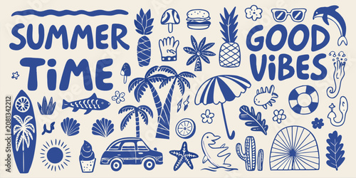 Tableau sur toile summer time retro hand drawn vector pattern with palm trees surfboards and beach