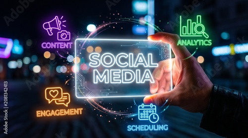 Hand holding digital display showing social media marketing icons with marketing