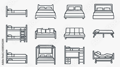 Elegant Black and White Line Drawing Collection of Various Bed Types and Styles for Home Decor Inspiration