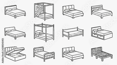 Foto Sleek Minimalist Black and White Line Drawing Collection of 12 Distinct Bed Fram