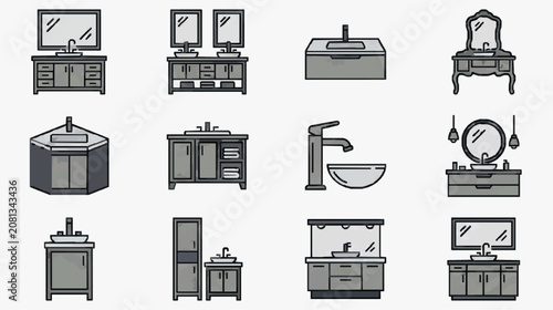 Professional Line Drawing Collection of Modern and Classic Bathroom Vanities with Sinks and Mirrors in Monochrome