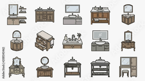 Clean Modern and Vintage Bathroom Vanity Sets with Various Designs Colors and Storage Options with high quality professional line art symbols for modern creative design and digital branding projects