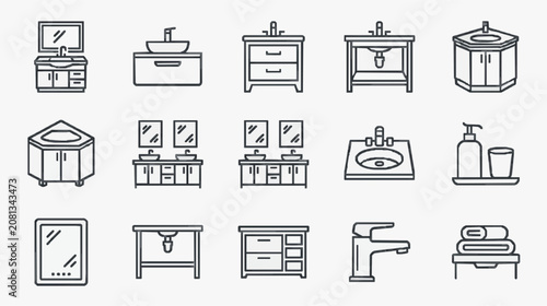 Industrial Line Icons Set of Minimalist Black and White Bathroom Vanity and Fixture Illustrations